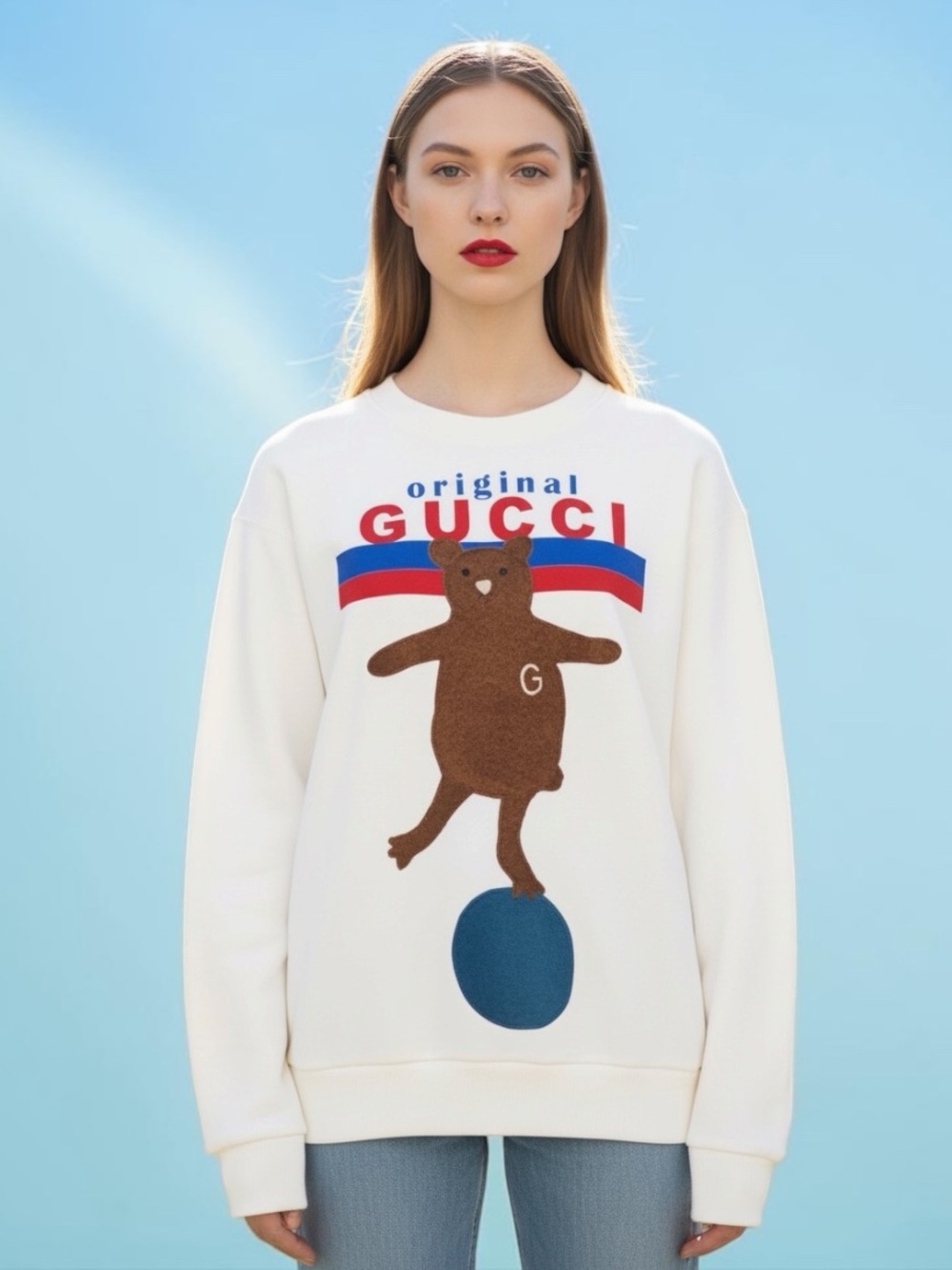 Gucci White Crewneck Sweater with Brown Teddy and Red & Blue Logo